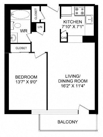 Floor plan for 1 bed, 1 bath, 580 sqft